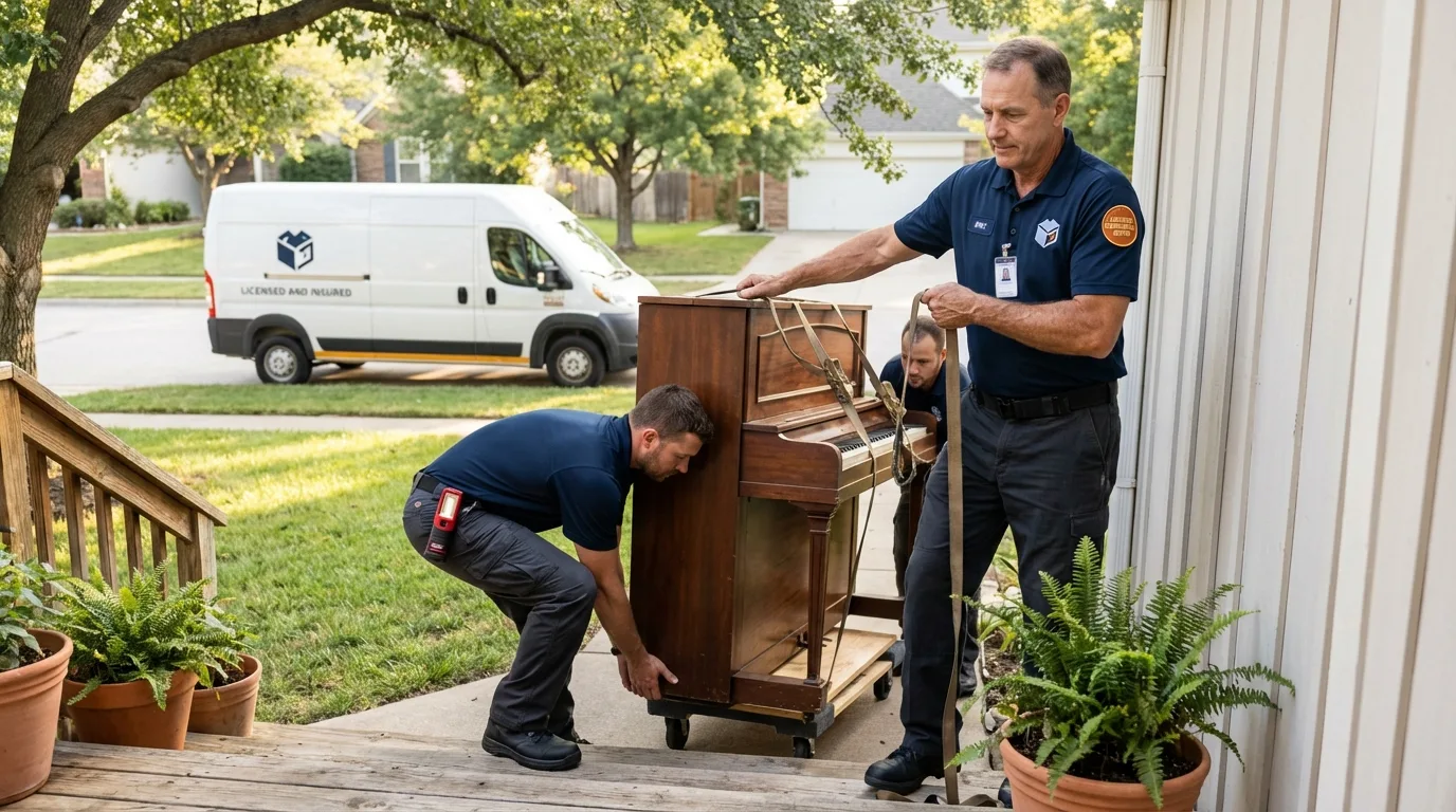 Licensed piano movers securing grand piano in Gypsum, CO